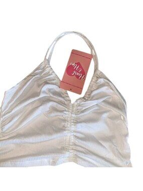 Heart & Hips White Ribbed Ruched Halter Crop Top L 86% Polyester 4% Spandex